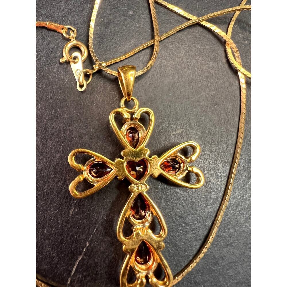 Vintage SETA Garnet Cross Pendant Necklace Gold Tone 24” - Picture 6 of 13